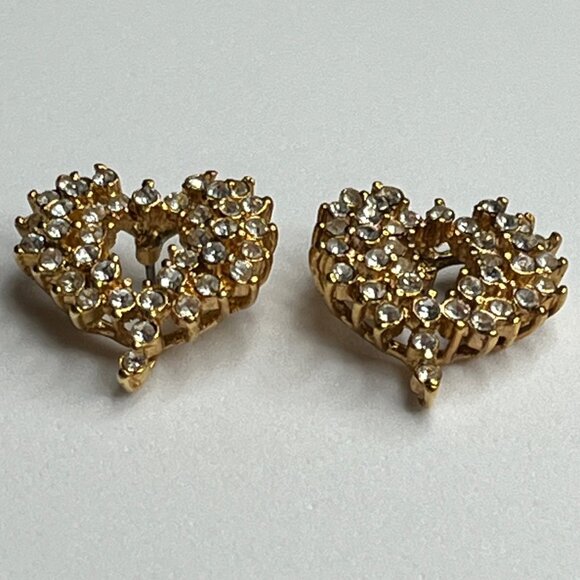 Vintage Gold Heart-Shaped Rhinestone Earrings Stud Jewelry - Picture 2 of 6
